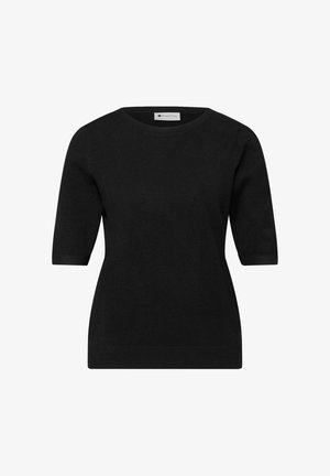 Černý krátký svetr s krátkými rukávy, kulatým výstřihem a žebrovanými lemy, jednoduchý design, zobrazený na bílém pozadí.