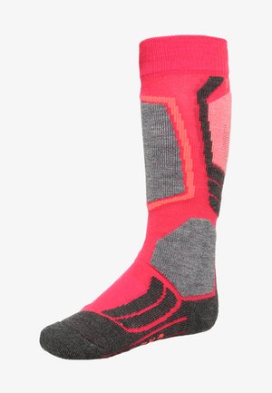 Calzino fino al ginocchio di un vivace rosa e grigio scuro, realizzato in tessuto misto, con un motivo geometrico e zone rinforzate per la punta e il tallone.