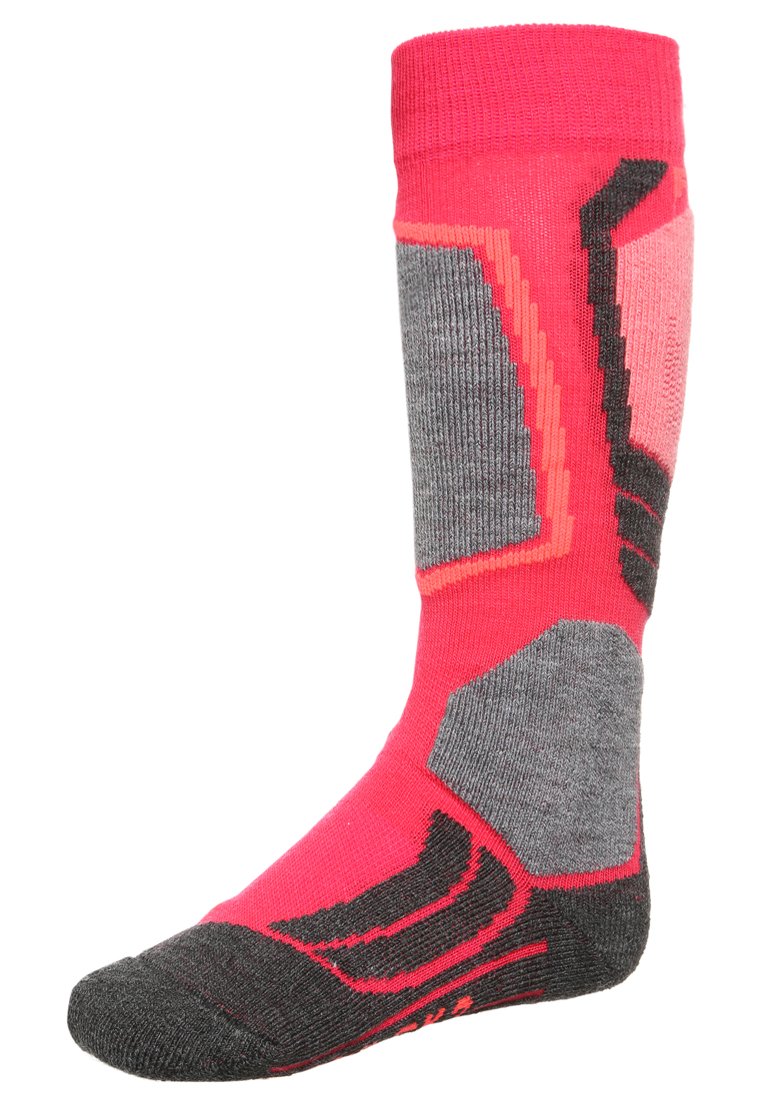 Calcetín hasta la rodilla en rosa brillante y gris oscuro, hecho de una mezcla de textiles, con un patrón geométrico y áreas de puntera y talón reforzadas.