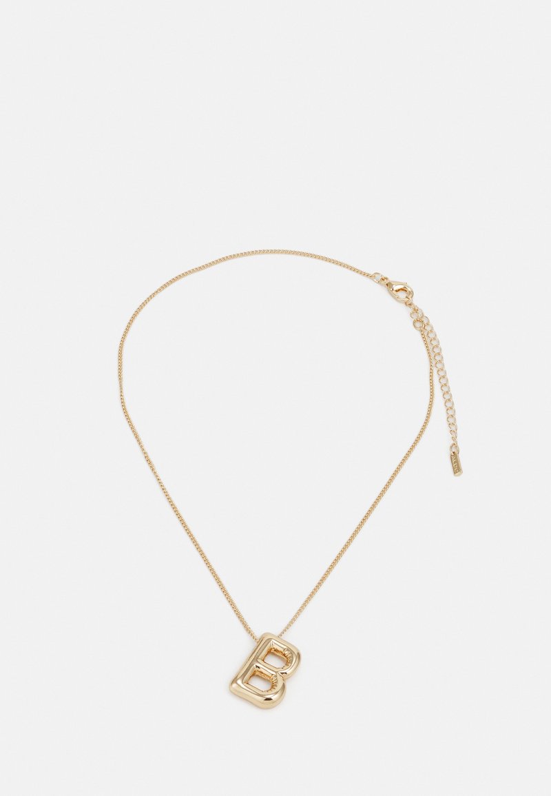 Guldpärlans halsband med ett stiliserat bokstav "B", tunn kedja, med en kräftkrok och justerbar längd. Slät, glänsande finish.