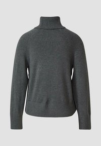 Pull à col roulé gris anthracite avec col et poignets côtelés, offrant une coupe décontractée et une texture douce. Tissu lisse avec un minimum de détails.