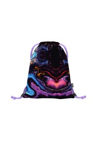 Sacca con cordoncino di base nera decorata con colori vibranti che si avvolgono in viola, blu e arancione, con cordini leggeri viola.