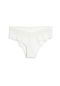 Mutande in cotone bianco con un delicato bordo in pizzo in vita, caratterizzate da una consistenza morbida e liscia e da un design a vita media.