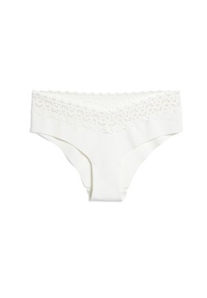 Braguitas de algodón blanco con un delicado encaje en la cintura, con una textura suave y lisa y un diseño de tiro medio.