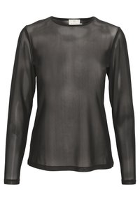 Haut noir à manches longues en tissu transparent avec un col rond et des poignets côtelés. Design simple sans motifs ni accents.