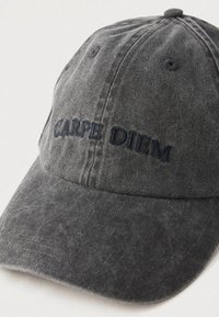 Dark gray baseball cap with "CARPE DIEM" embroidered in black thread on the front panel, shown against a white background.