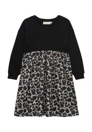 Schwarzes langärmliges Kleid mit solidem Oberteil und Leopardenmuster-Rock in Grautönen und Schwarz. Weicher Stoff, lässige Passform, runder Ausschnitt.