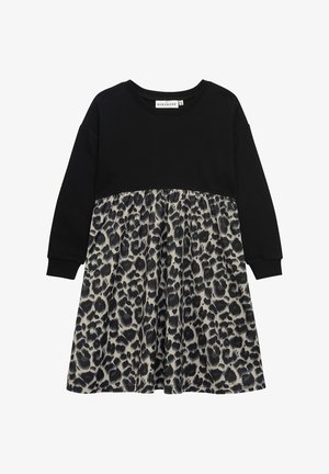 Schwarzes langärmliges Kleid mit solidem Oberteil und Leopardenmuster-Rock in Grautönen und Schwarz. Weicher Stoff, lässige Passform, runder Ausschnitt.