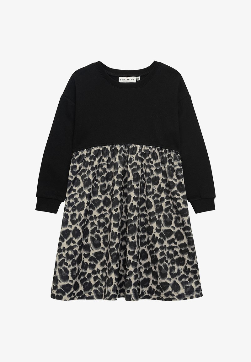 Schwarzes langärmliges Kleid mit solidem Oberteil und Leopardenmuster-Rock in Grautönen und Schwarz. Weicher Stoff, lässige Passform, runder Ausschnitt.