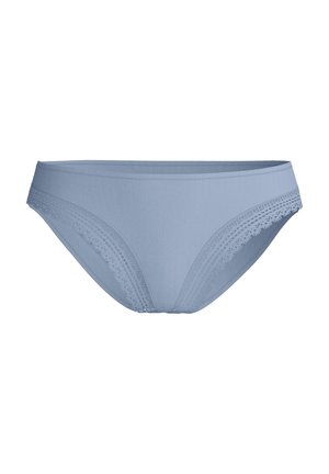 Light blue women's bikini-style underwear with vertical ribbing and lace trim along leg openings.