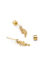 Gouden oorbellen met een skeletontwerp,Accentuer met kleine kristallen. Inclusief een cilindervormig achterstuk voor veilige bevestiging.