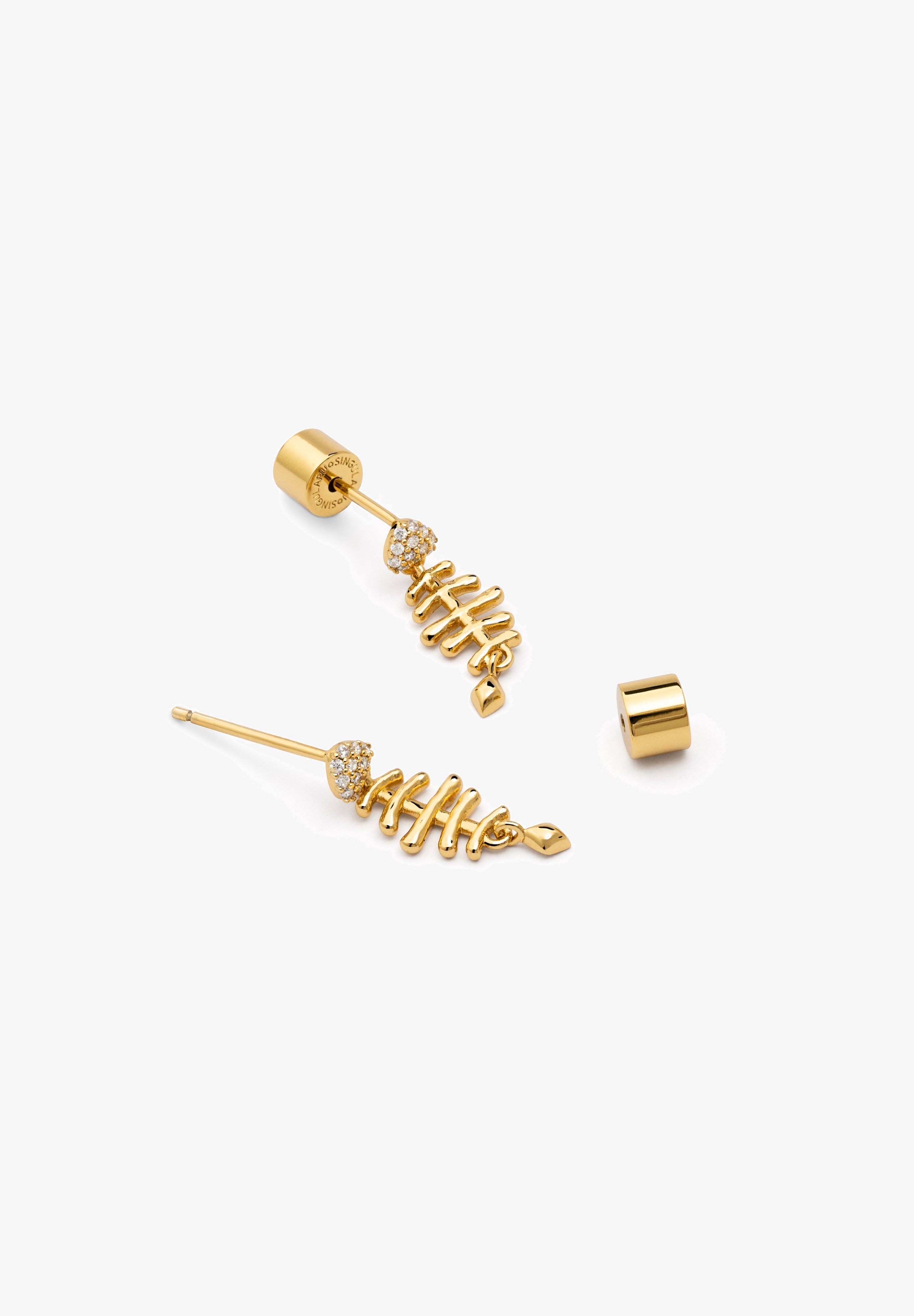 Orecchino Singolo SINGULARU Fishbone Spark - Lisca Di Pesce In Argento 925 Con Placcato Oro 18kt E Zirconi - Gioiello Donna