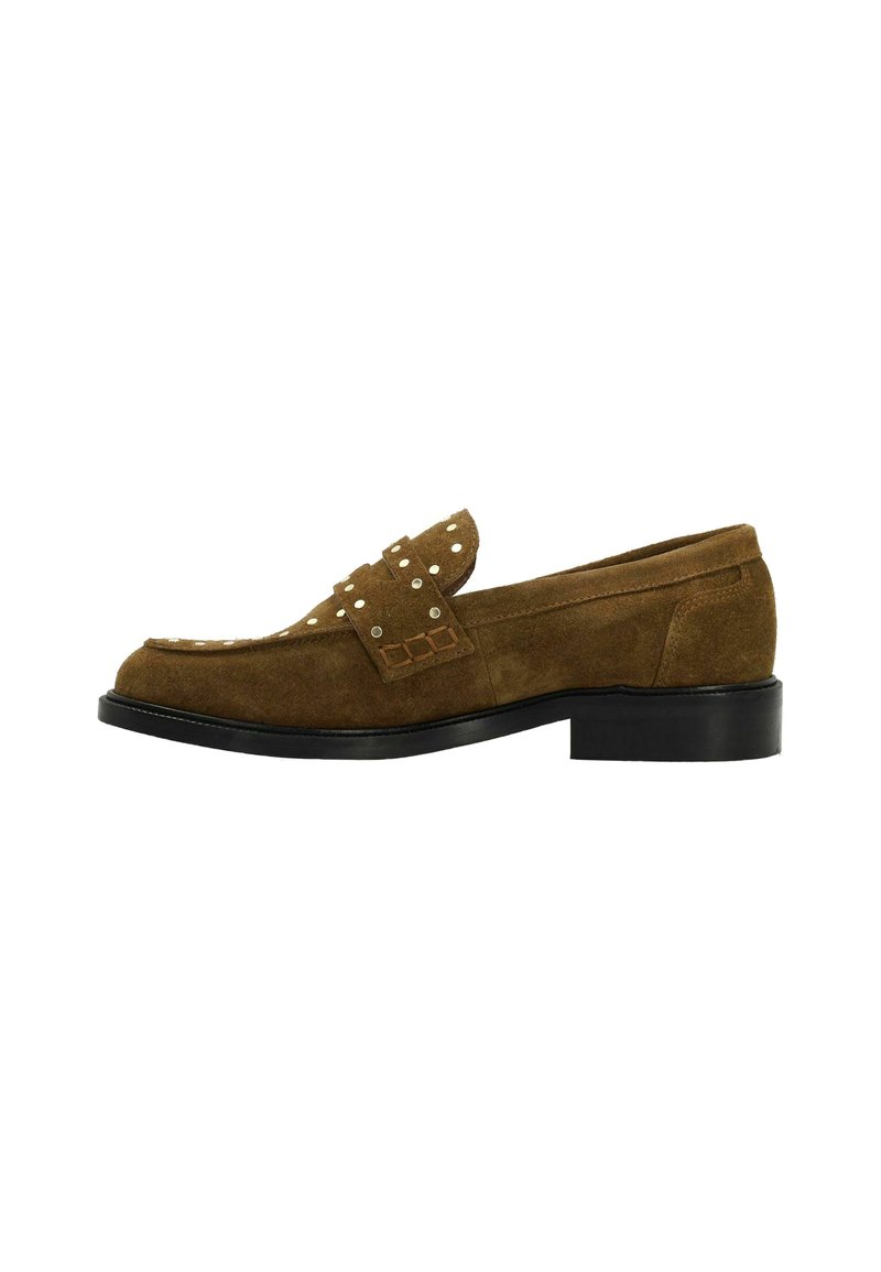 Brown suede loafer with silver stud detailing, rounded toe, and low black heel. Smooth texture with stitched accents on the vamp.