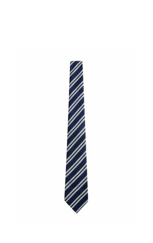 Marineblaue Krawatte mit gleichmäßig verteilten diagonalen weißen Streifen, dargestellt vor weißem Hintergrund.
