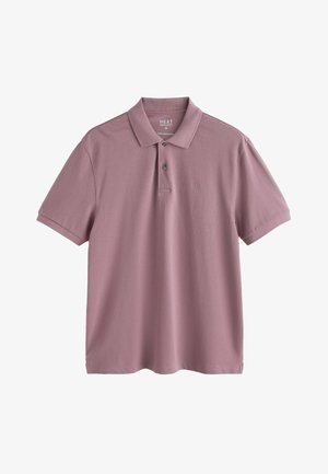 Krátké tričko polo barvy švestkově fialové s límečkem, dvouknoflíkovým zapínáním, nenápadným vyšitým logem na levé straně hrudi a pravidelným střihem.