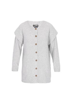 Lys grå cardigan lavet af blødt strikket materiale, med rund halsudskæring, lange ærmer og fem træknapper ned langs midten.