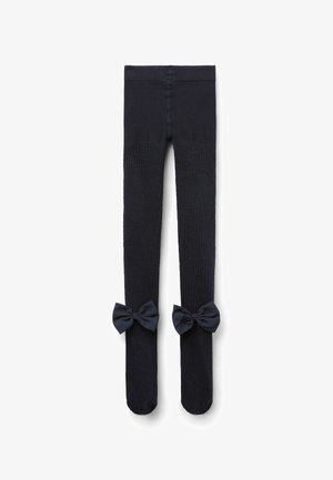 Marineblå strikkede strømpebukser med ribbet tekstur, der har to matchende sløjfer ved anklen. Blødt garnmateriale, designet til at sidde tæt.