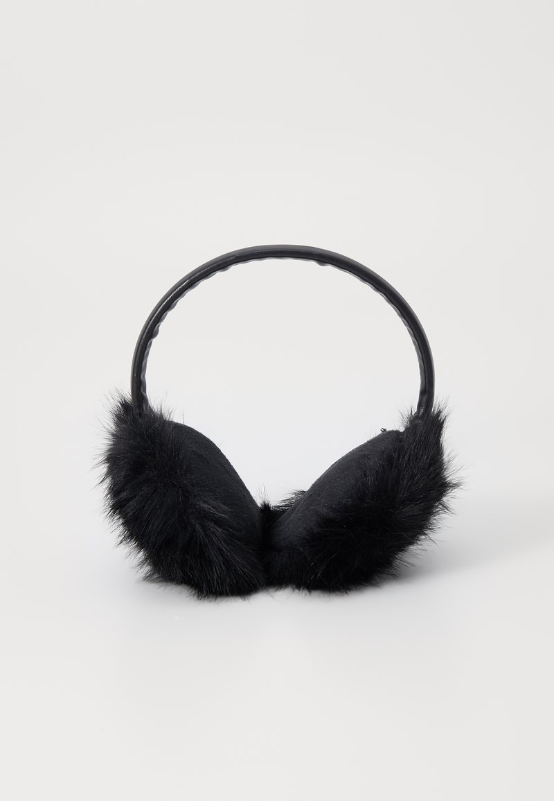 Zwarte fake fur oorwarmers met een gepluche hoofdband en dikke pluchen oorkappen, voorzien van een gladde textuur en ronde vorm.