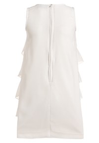 Vestido blanco sin mangas con corte recto, con volantes en capas a los lados y un zipper en la parte trasera. Tejido suave y ligero.
