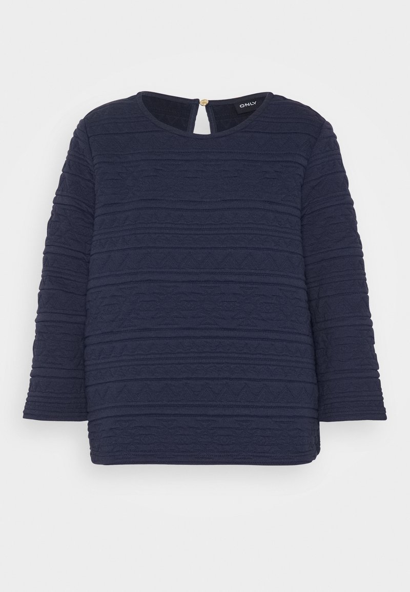 Navi-blaues Oberteil mit drei Viertelärmeln, strukturiertem Muster mit horizontalen Streifen und geometrischen Formen, runder Ausschnitt mit Schlitz hinten.