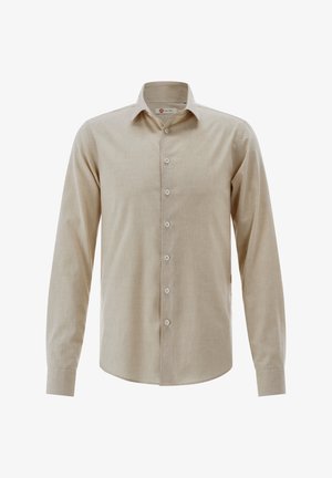 Beige Langarm-Hemd zum Knöpfen mit klassischem Kragen und geknöpften Manschetten, dargestellt vor weißem Hintergrund.