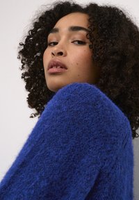 Flauschiger, lebendiger blauer Pullover mit lockerer Passform und strukturiertem Stoff. Verfügt über weite Ärmel und einen rundlichen Ausschnitt.