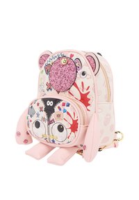 Zaino in finta pelle rosa con design di maialino in stile cartone animato, dettagli glitterati, toppe giocose e due scomparti con zip, dotato di spallacci a forma di orecchie.