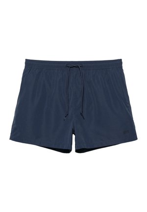 Șorturi de baie pentru bărbați, bleumarin, cu talie elastică și șnur frontal, realizate din țesătură cu uscare rapidă, față plată.