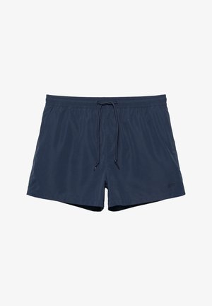 Costume da bagno da uomo blu navy con vita elastica e coulisse frontale, realizzato in tessuto ad asciugatura rapida, davanti piatto.