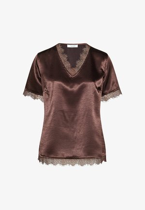Brun satin top med V-hals og korte ærmer, pyntet med delikat blonderkant omkring halsudskæringen og ærmerne. Glat tekstur.