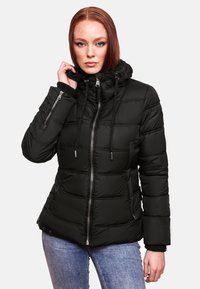 Black padded jacket with a zip closure, drawstring hood, horizontal quilted pattern, side pockets, and ribbed cuffs.