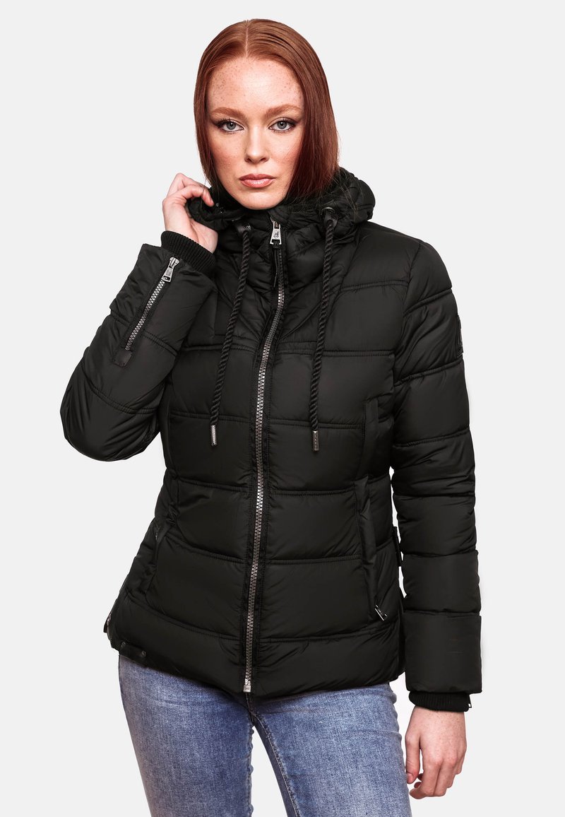 Black padded jacket with a zip closure, drawstring hood, horizontal quilted pattern, side pockets, and ribbed cuffs.