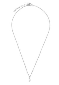 Silberne Kettenhalskette mit einem zentralen weißen Perlenanhänger mit glatter Oberfläche und dezentem Glanz. Verstellbare Länge mit Karabinerverschluss.