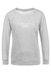 Sudadera gris de manga larga, con cuello redondo y el texto "GIRLS BITE BACK" en blanco, con una textura suave y dobladillo acanalado.