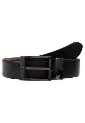 Black leather belt with a textured finish, featuring a shiny silver rectangular buckle and a smooth inner lining.
