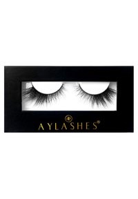 Black false eyelashes displayed in a clear, rectangular box with a black base. Features soft, wispy fibers for a voluminous look.