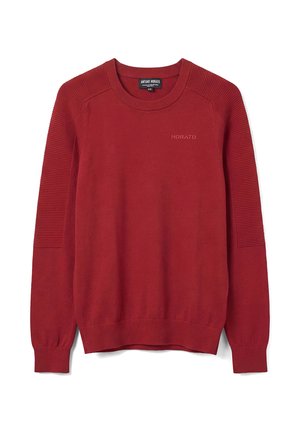 Maglione rosso a maniche lunghe in maglia con spalle e polsini a costine, scollo tondo e logo "Morato" discreto sul petto.
