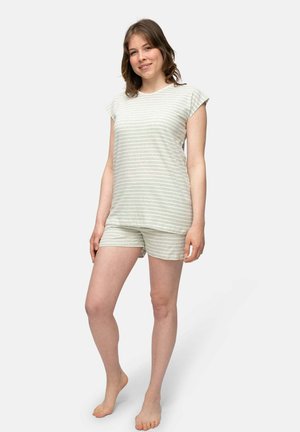 Gestreepte set van een kortemouwtop en shorts, gemaakt van lichte katoen. Kleuren zijn lichtgroen en wit. Heeft een subtiele kapmouw en een ontspannen pasvorm.