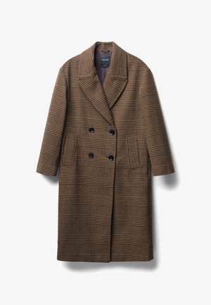 Braun karierten Übermantel mit Spitzenrevers, doppelter Knopfleiste, zwei Vordertaschen und einem weich strukturierten Stoff.