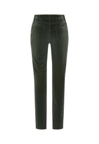 Mørkegrønne corduroy-bukser med slim fit, der har baglomme og en subtil tekstur. Ingen synlig hardware eller detaljer.