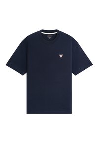 Marineblå bomulls T-skjorte med korte ermer og rund hals. Har et lite trekantet logo på brystet. Enkel, ensfarget design.