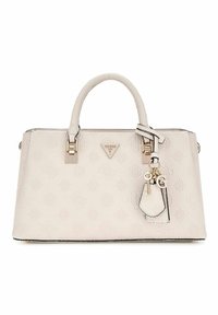 Sac à main structuré rose clair en matériau synthétique gaufré. Doté de quincaillerie dorée et d'un porte-clés décoratif avec des étiquettes.