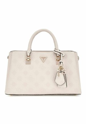 Sac à main structuré rose clair en matériau synthétique gaufré. Doté de quincaillerie dorée et d'un porte-clés décoratif avec des étiquettes.