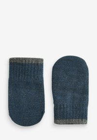 Mitones de punto en azul marino con un puño gris. Diseño con punta redondeada y un patrón texturizado en toda la superficie, que presenta un tejido acanalado en la muñeca.