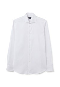 Camicia bianca a maniche lunghe con bottoni, realizzata in tessuto liscio, con colletto appuntito, bottoni frontali e polsini doppi.