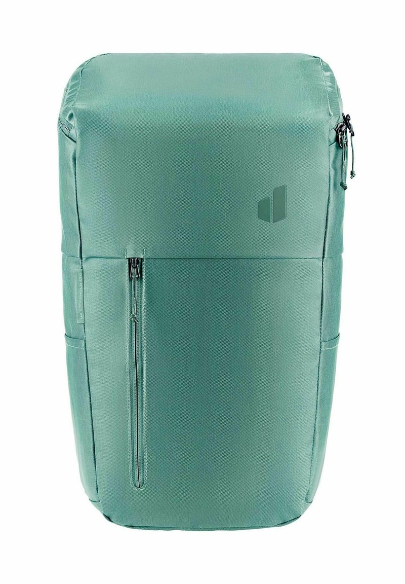 Zaino rettangolare verde con tasca verticale con zip frontale, tasche laterali e piccolo logo nell'angolo in alto a destra.