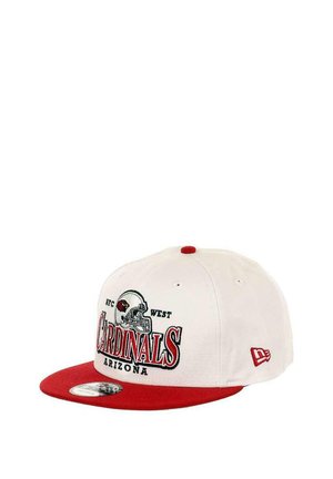 White baseball cap with a red brim. Features embroidered "Cardinals" and team logo. Structured design with eyelets for ventilation.