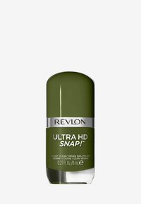 Smalto verde in una bottiglia di vetro arrotondata con una banda argentata. Il testo evidenzia "Ultra HD SNAP!" e formula vegana. Capacità di 8 mL.