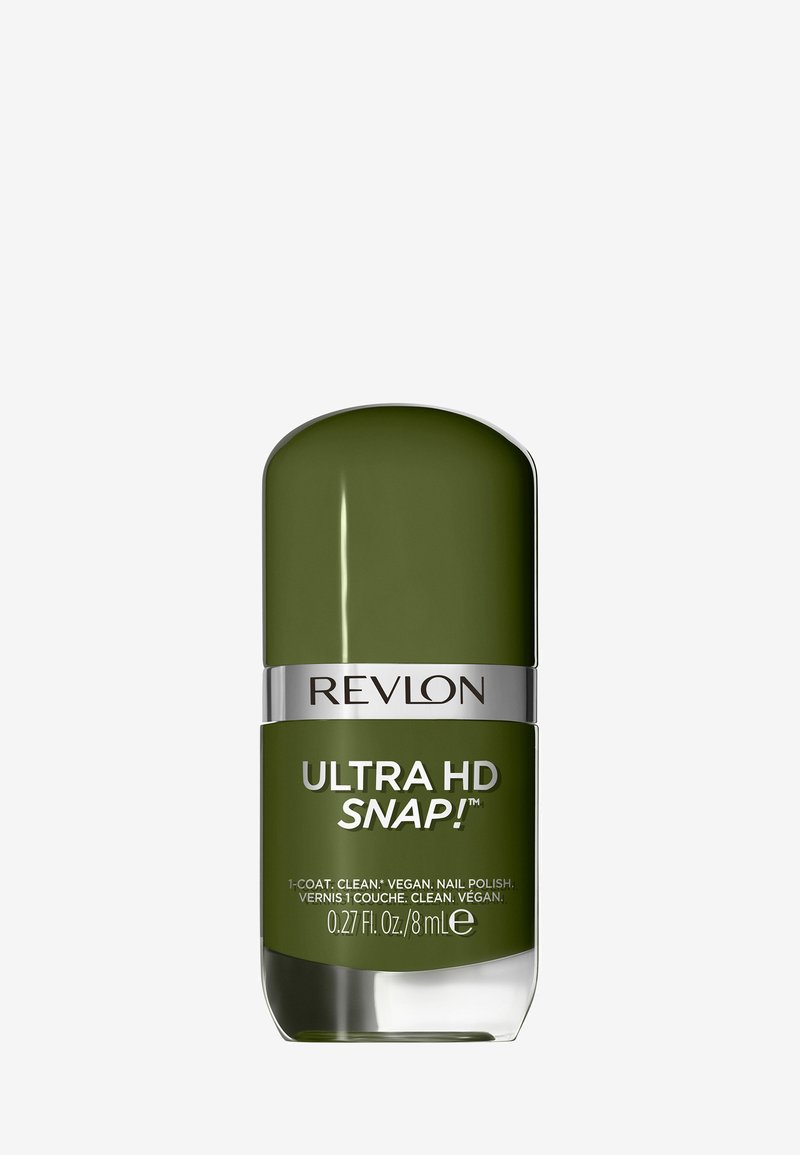 Smalto verde in una bottiglia di vetro arrotondata con una banda argentata. Il testo evidenzia "Ultra HD SNAP!" e formula vegana. Capacità di 8 mL.