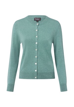 Licht teal vest gemaakt van zachte, gestructureerde stof. Heeft een ronde halslijn, lange mouwen en witte knoopsluitingen aan de voorkant.